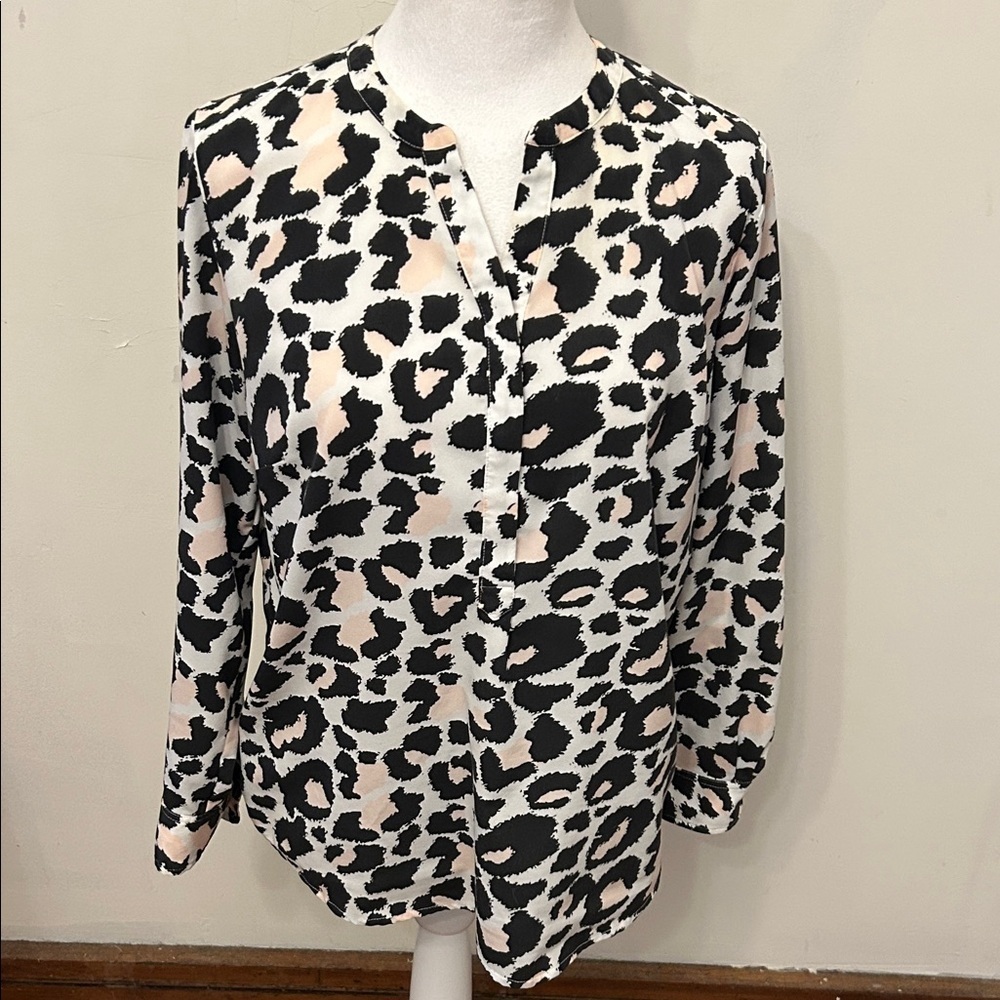 Talbots black white pink animal print long sleeve blouse Size MP EUC